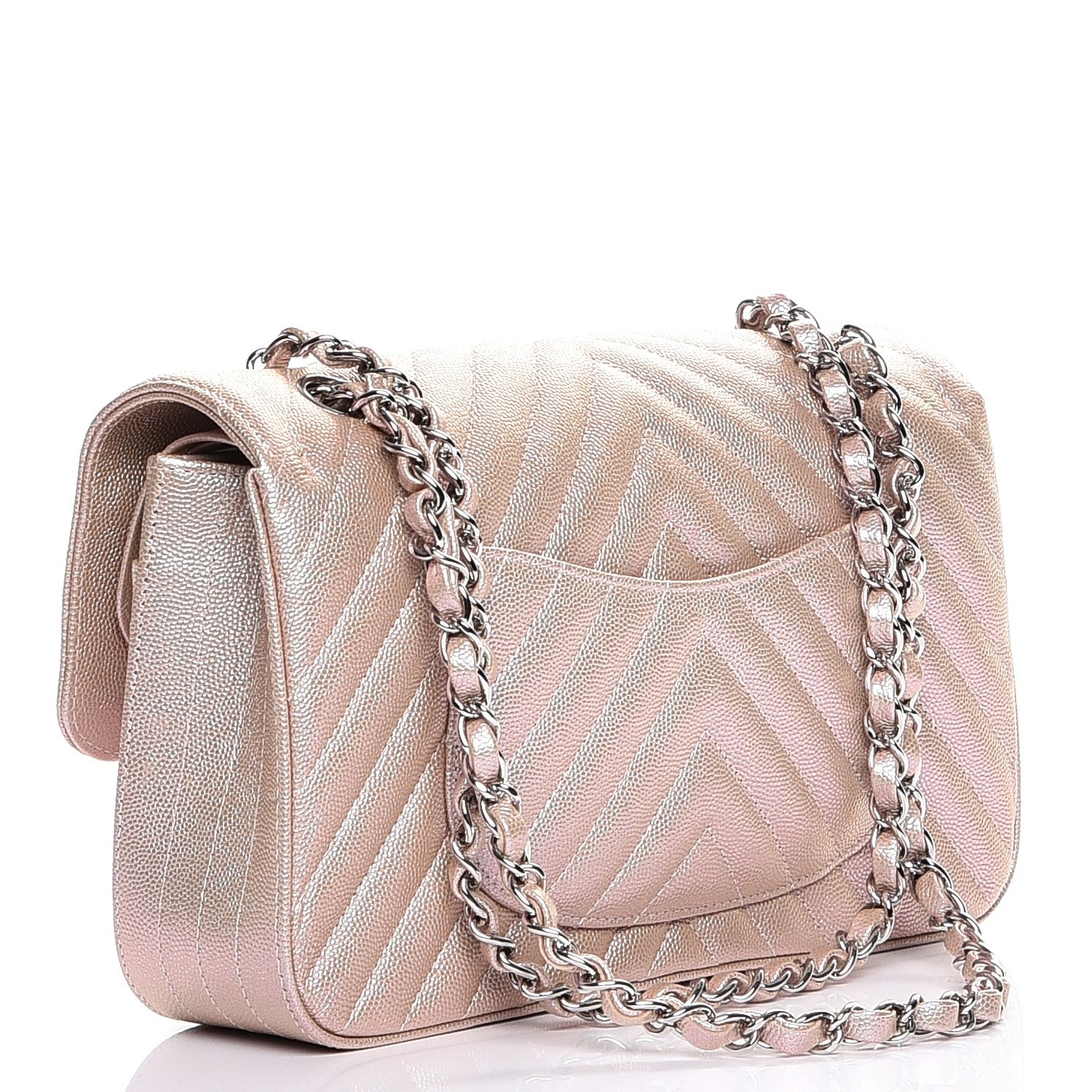 Chanel Metallic Caviar Chevron Quilted Medium Double Flap Light Gold 3 of 8