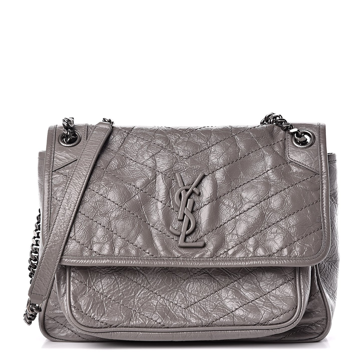 Crinkled Calfskin Matelasse Monogram Medium Niki Chain Satchel Fog