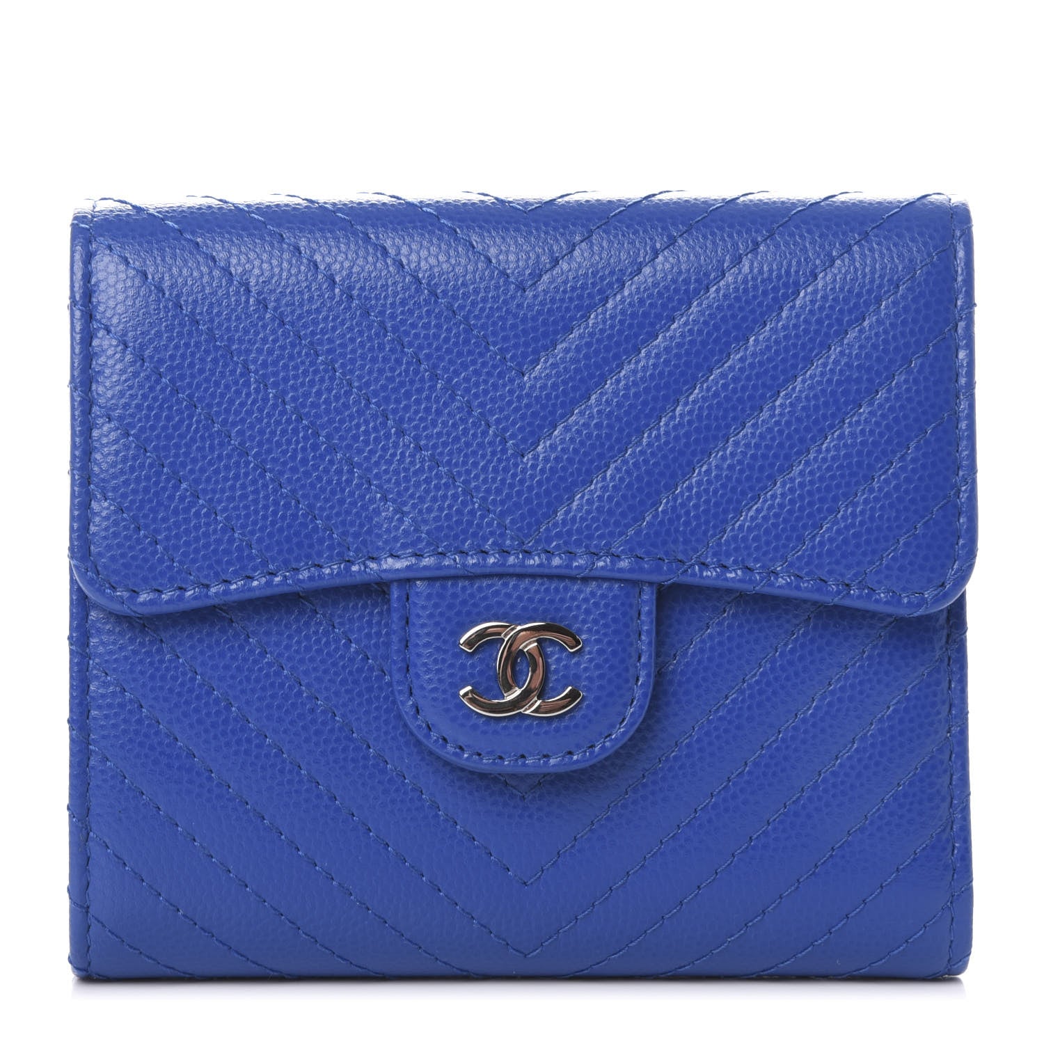 Chanel Caviar Chevron Quilted Compact Flap Wallet Bright Blue 1 of 9
