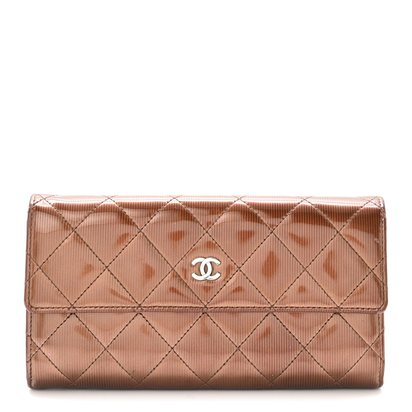 Striated Patent Quilted Large Gusset Flap Wallet Bronze