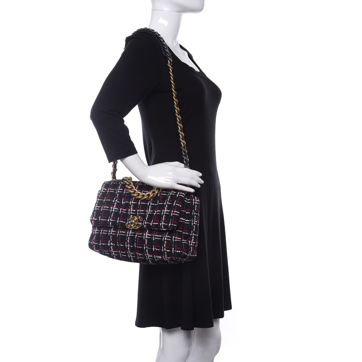 Chanel Tweed Quilted Medium Chanel 19 Flap Navy Blue White Red 2 of 11