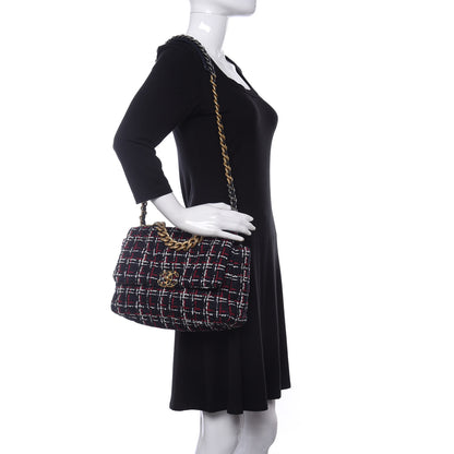 Chanel Tweed Quilted Medium Chanel 19 Flap Navy Blue White Red 2 of 11