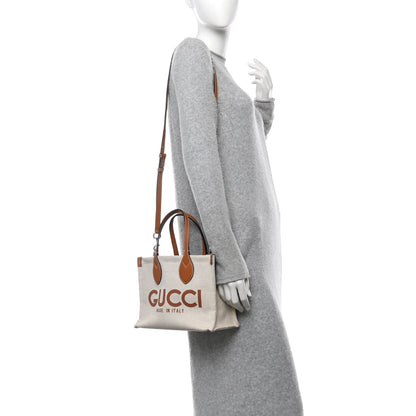 Gucci Canvas Calfskin Logo Print Medium Tote Bag Brown 2 of 11