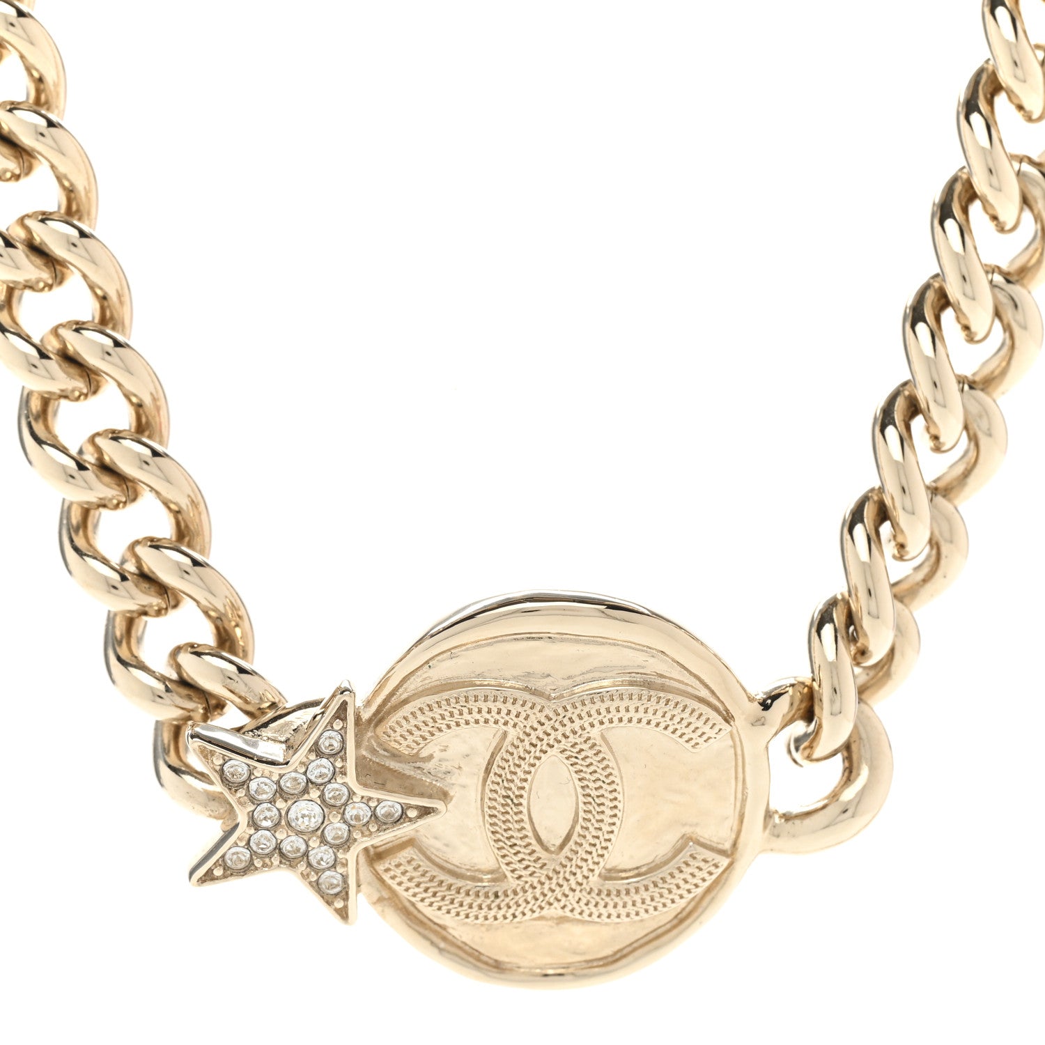 Chanel Metal Crystal Textured CC Star Chain Choker Necklace Gold 4 of 6