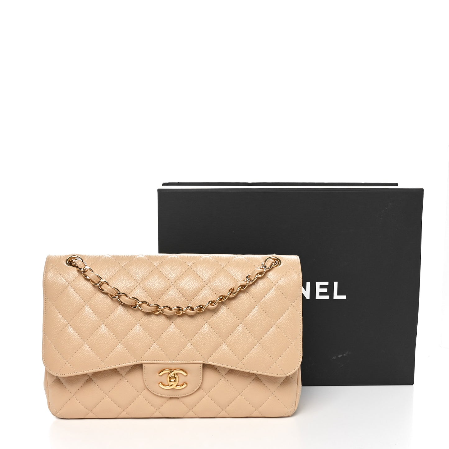 Caviar Quilted Jumbo Double Flap Beige