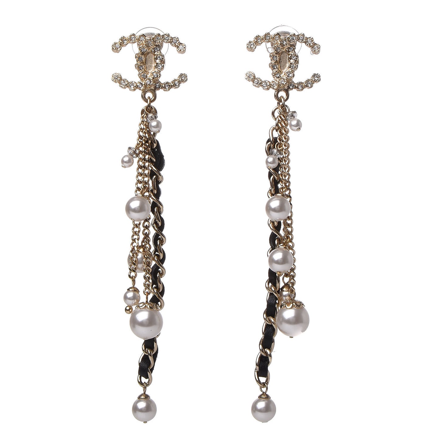 Pearl Crystal Lambskin Chain CC Dangle Clip On Earrings Gold
