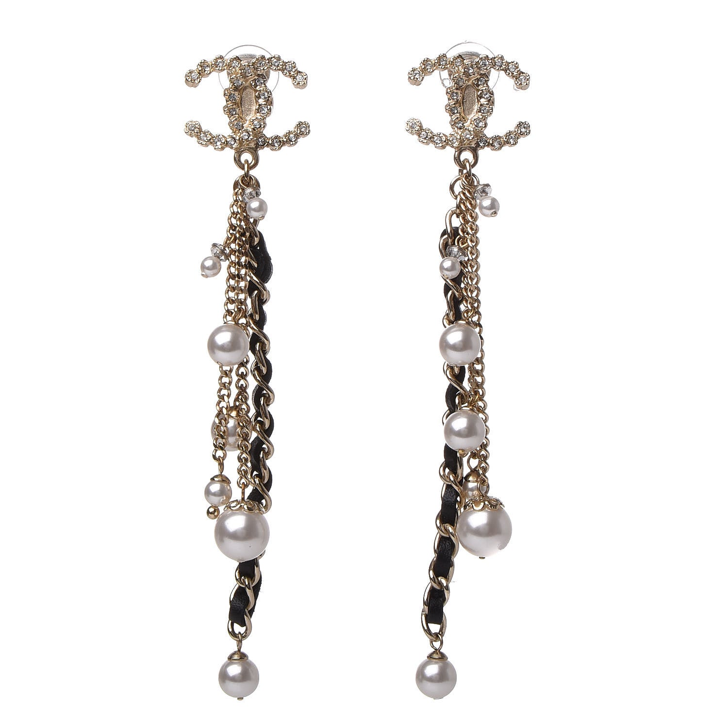 Chanel Pearl Crystal Lambskin Chain CC Dangle Clip On Earrings Gold 1 of 4