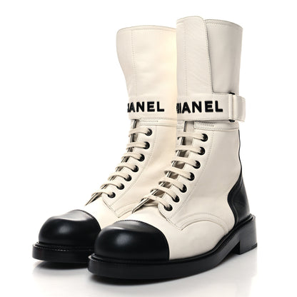 Chanel Calfskin Lace Up Logo Mid Calf Combat Boots 39 39 White 3 of 7