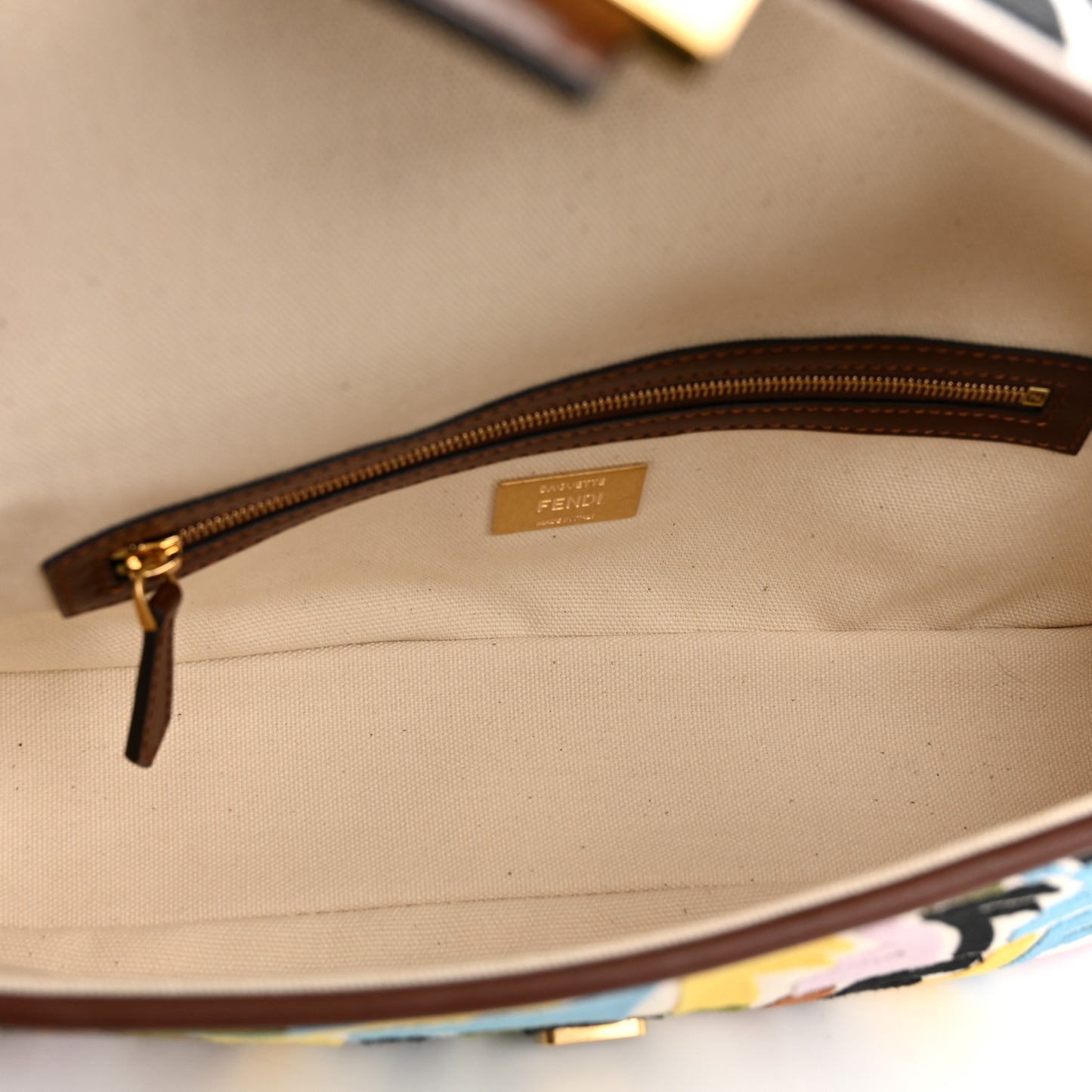 X SARA COLEMAN Canvas Vitello King Seta FF Fish Eye Embroidered Baguette Grezzo Multicolor Ghianda