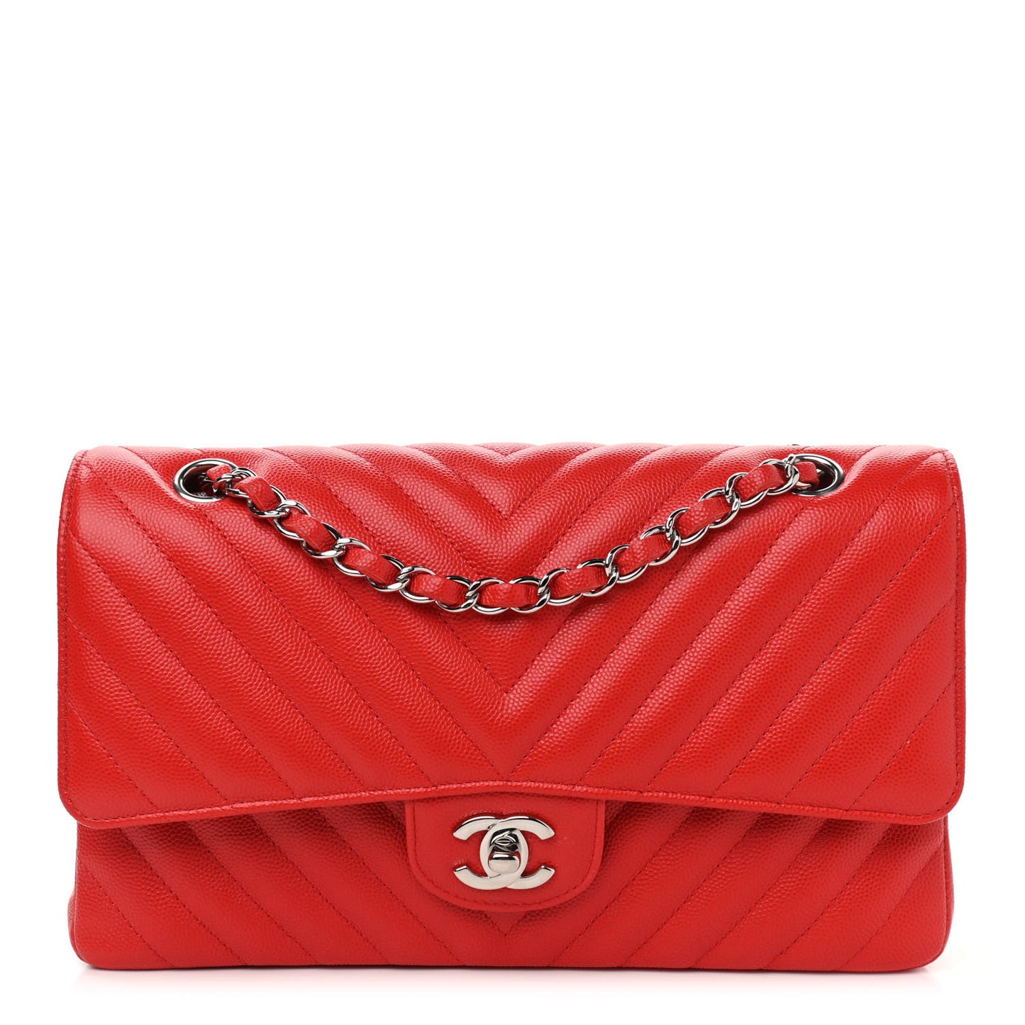 Caviar Chevron Quilted Medium Double Flap Red