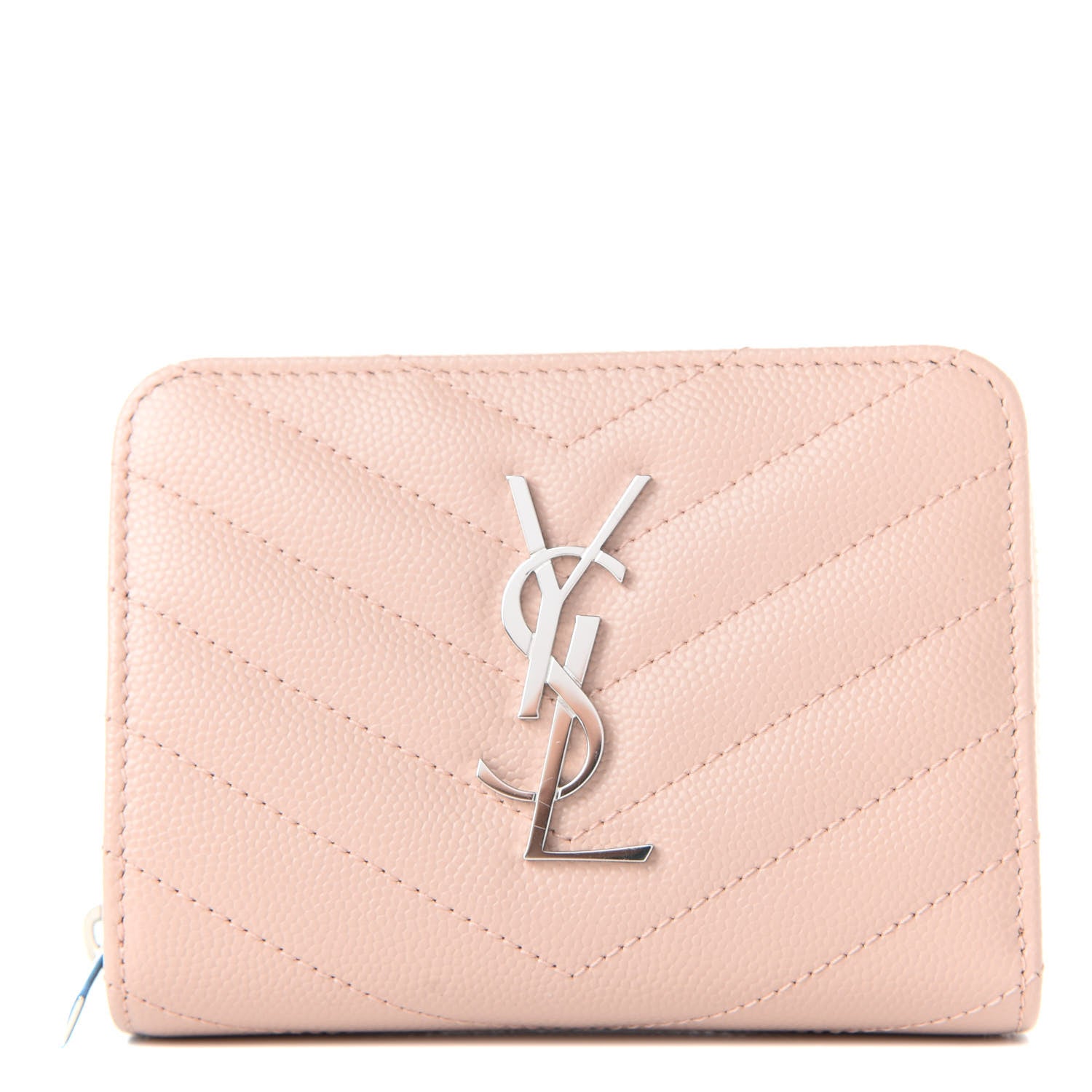 Saint Laurent Grain De Poudre Matelasse Chevron Monogram Compact Zip Around Wallet Pink 1 of 8