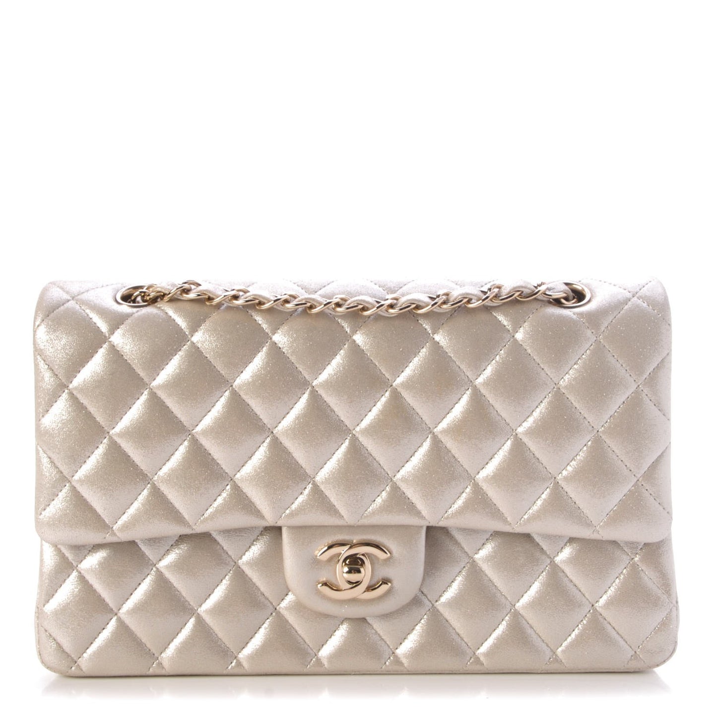 Iridescent Calfskin Medium Double Flap Light Gold