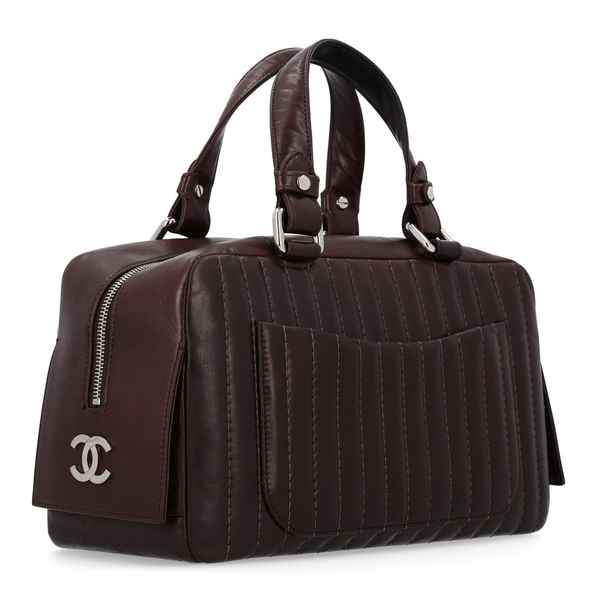 Lambskin Vertical Quilted Mademoiselle Satchel Brown
