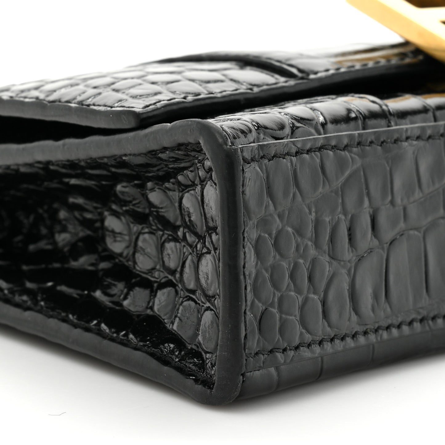 Shiny Calfskin Crocodile Embossed Hourglass Chain Bag Black