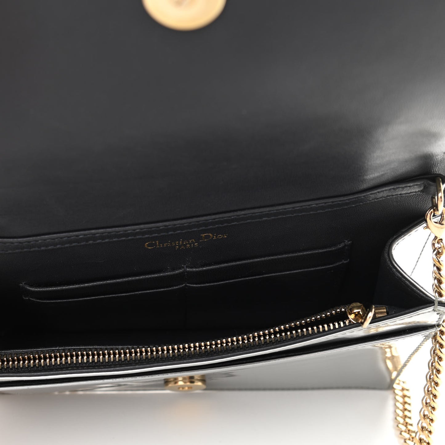 Metallic Patent Micro-Cannage Diorama Wallet on Chain Pouch Silver