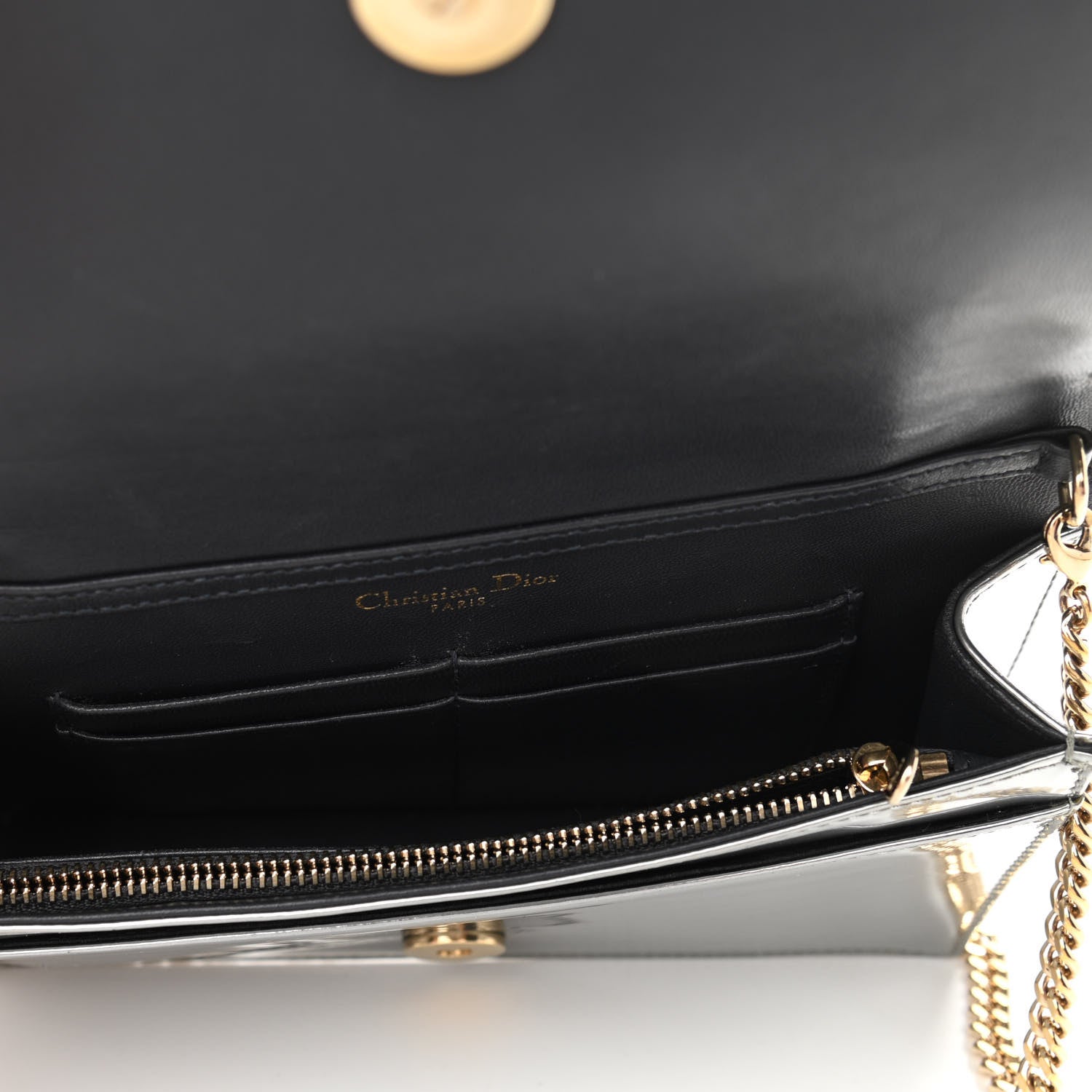 Christian Dior Metallic Patent Micro-Cannage Diorama Wallet on Chain Pouch Silver 4 of 10