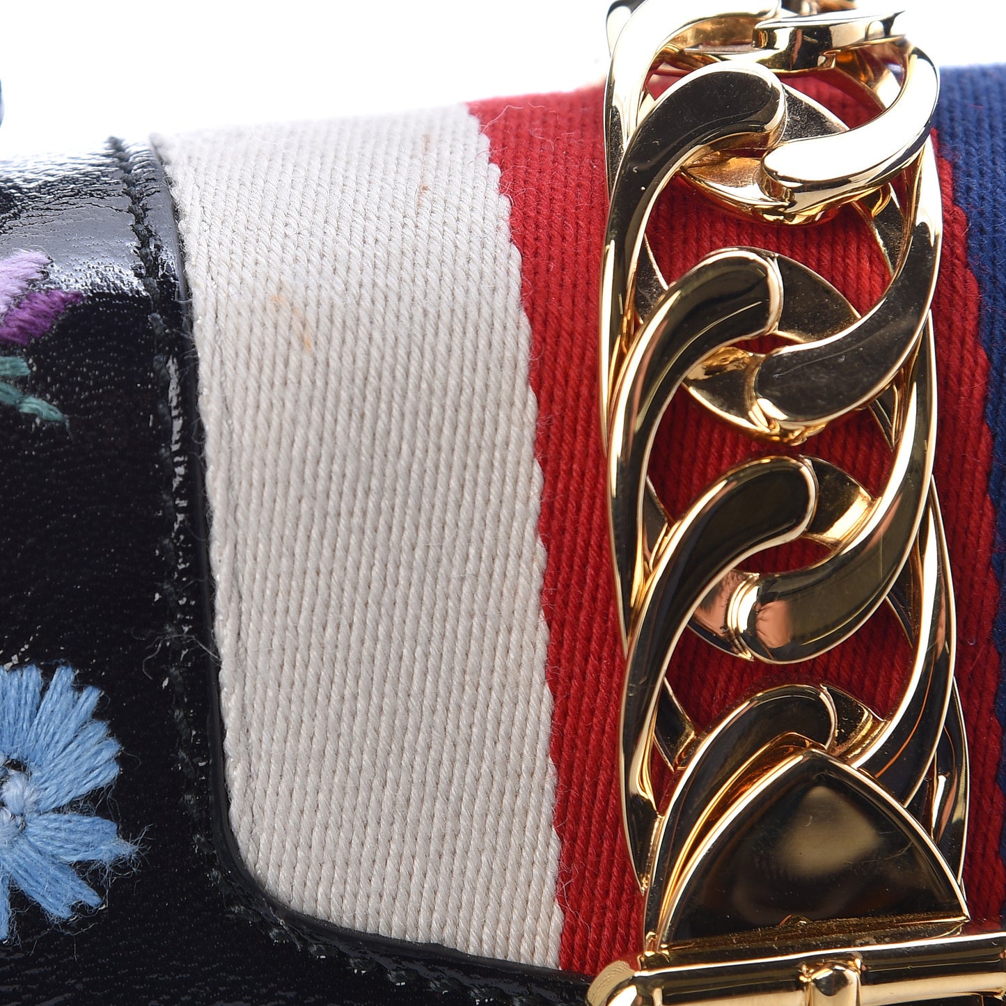 Patent Embroidered Mini Sylvie Top Handle Bag Black