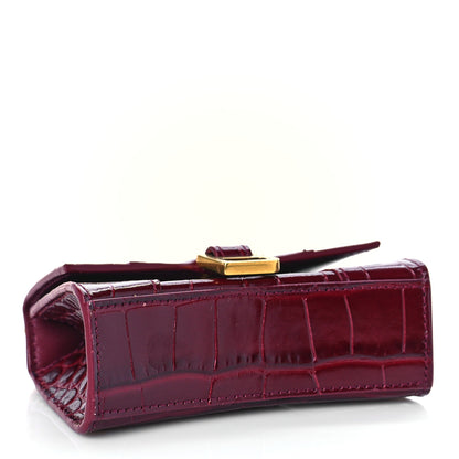 Balenciaga Shiny Calfskin Crocodile Embossed Hourglass Top Handle Bag Mini with Chain Dark Red 4 of 9