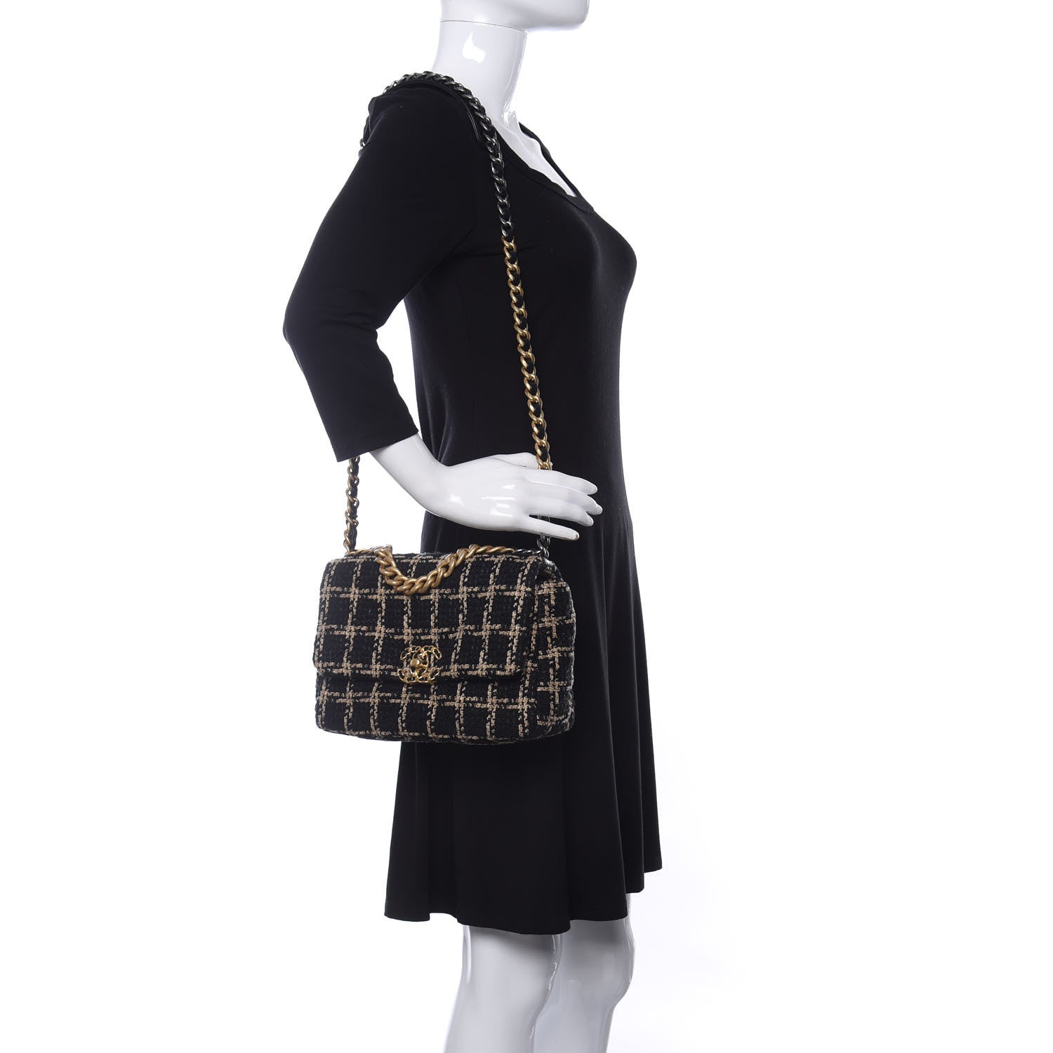 Chanel Tweed Quilted Medium Chanel 19 Flap Black Beige 2 of 11