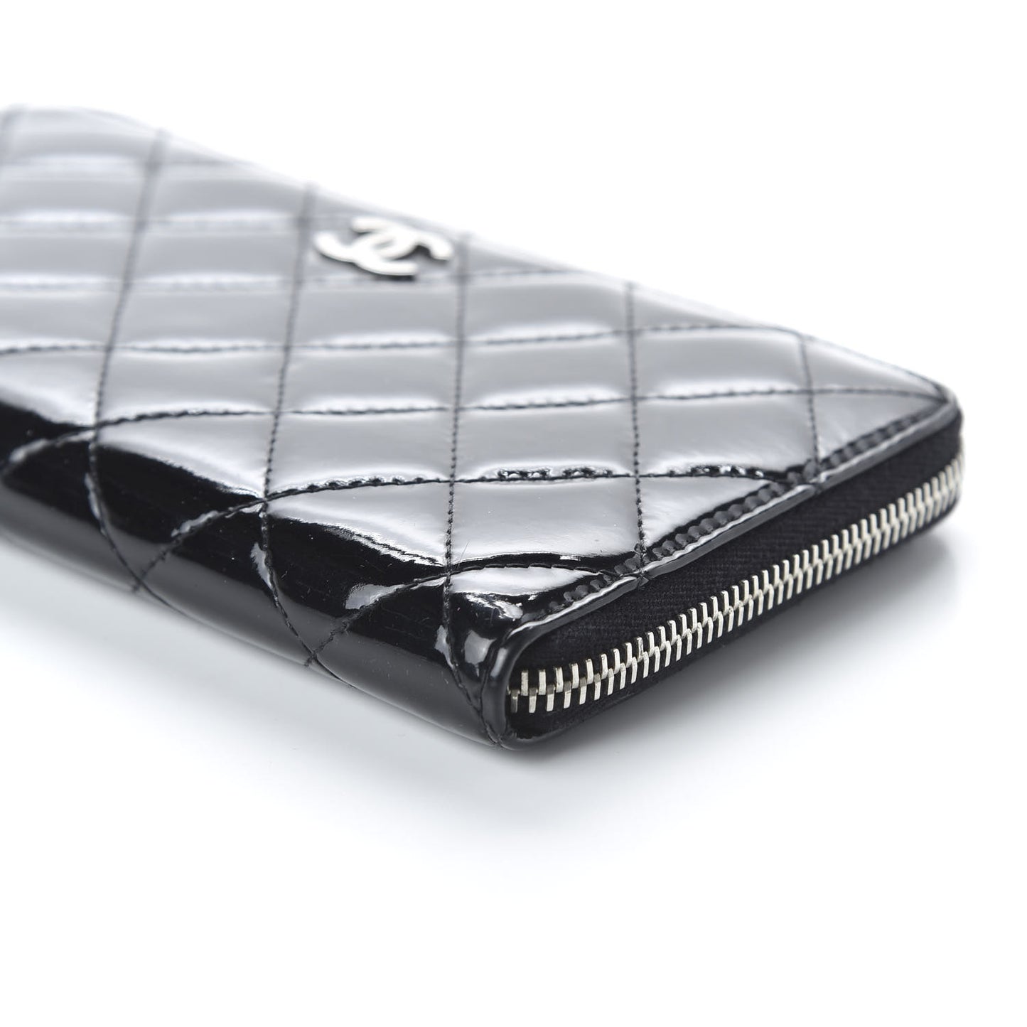 Patent Quilted Zip Around Wallet Black