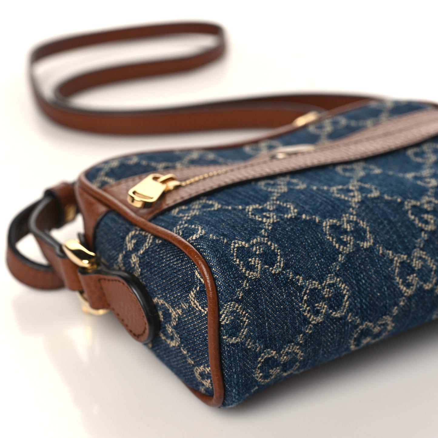 New Denim GG Monogram Dollar Calfskin Mini Ophidia Shoulder Bag Blue Tea Cuir Epilog