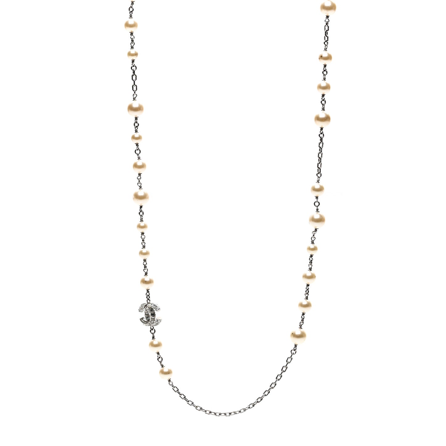 Graduated Pearl Crystal CC Long Necklace Silver