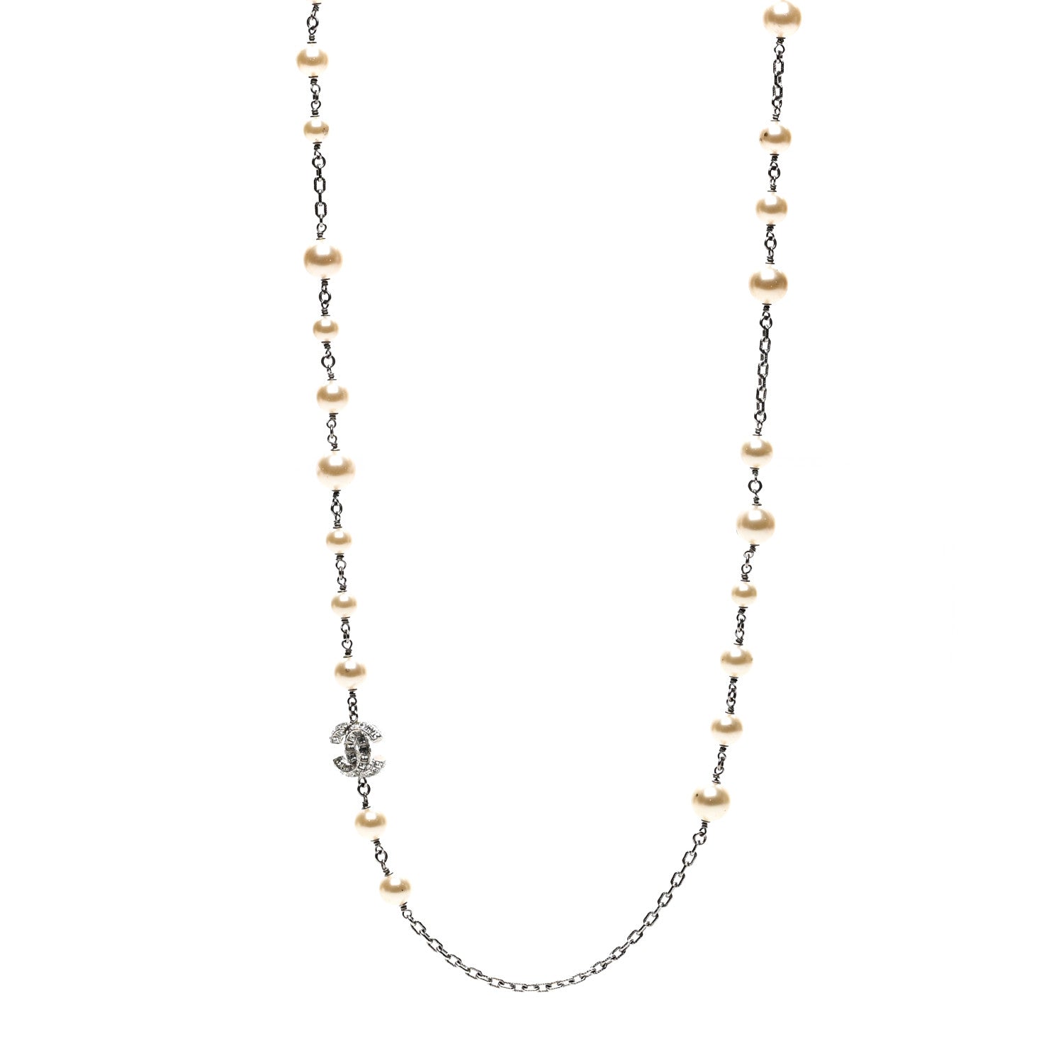 Chanel Graduated Pearl Crystal CC Long Necklace Silver 1 of 5