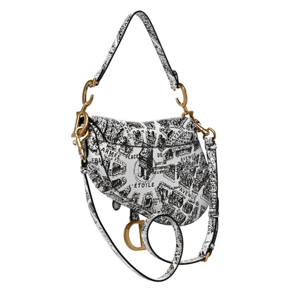 Christian Dior Calfskin Plan De Paris Printed Saddle Bag With Strap White Black 3 of 10