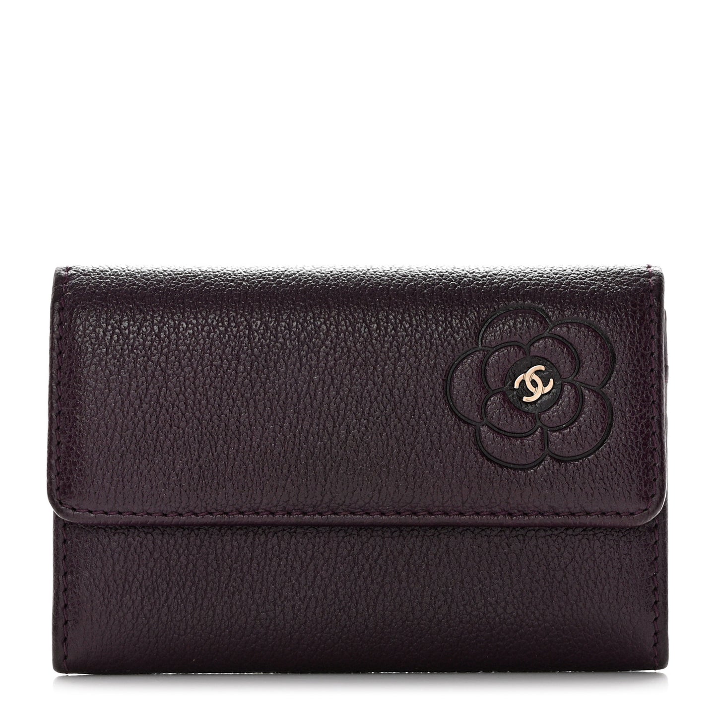Goatskin Embossed Camellia Flap Card Holder Purple