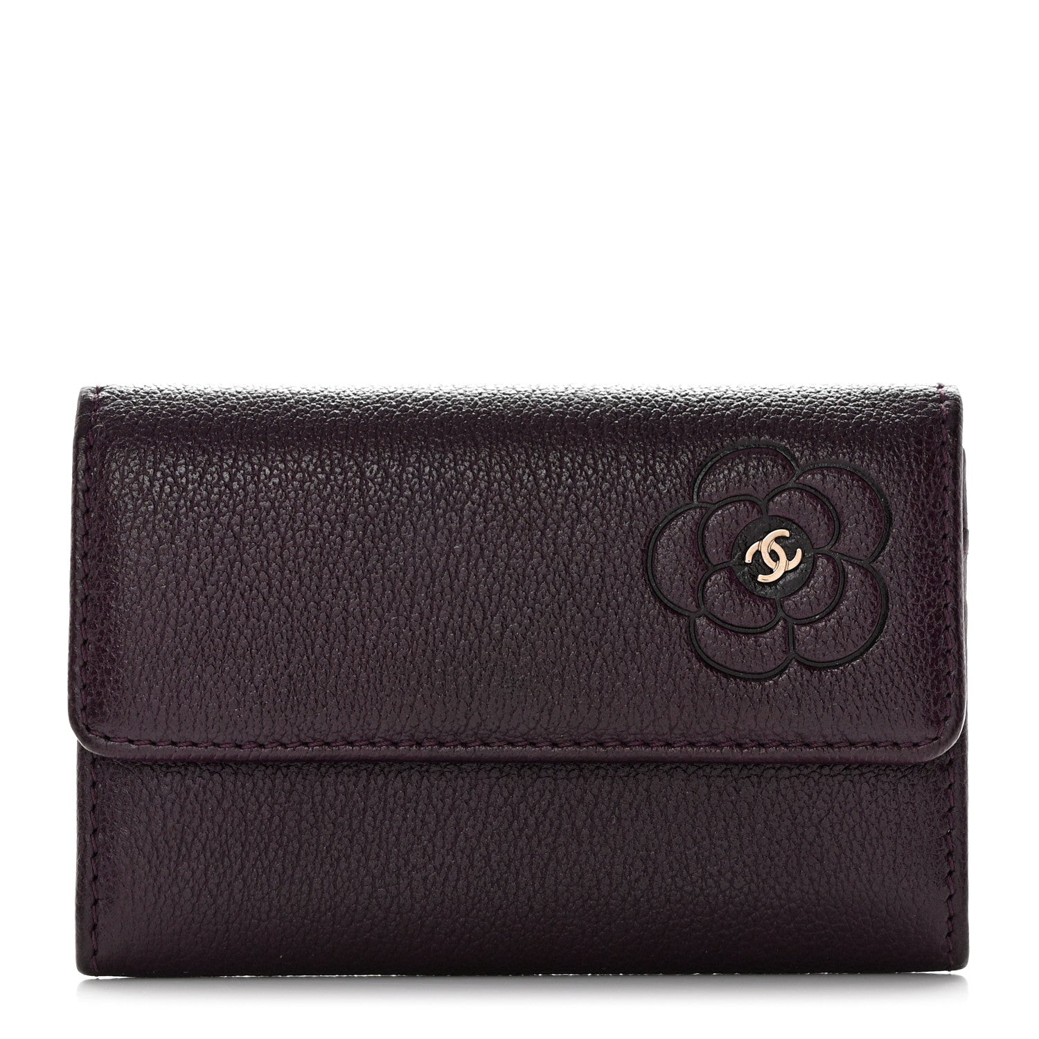 Chanel Goatskin Embossed Camellia Flap Card Holder Purple 1 of 13
