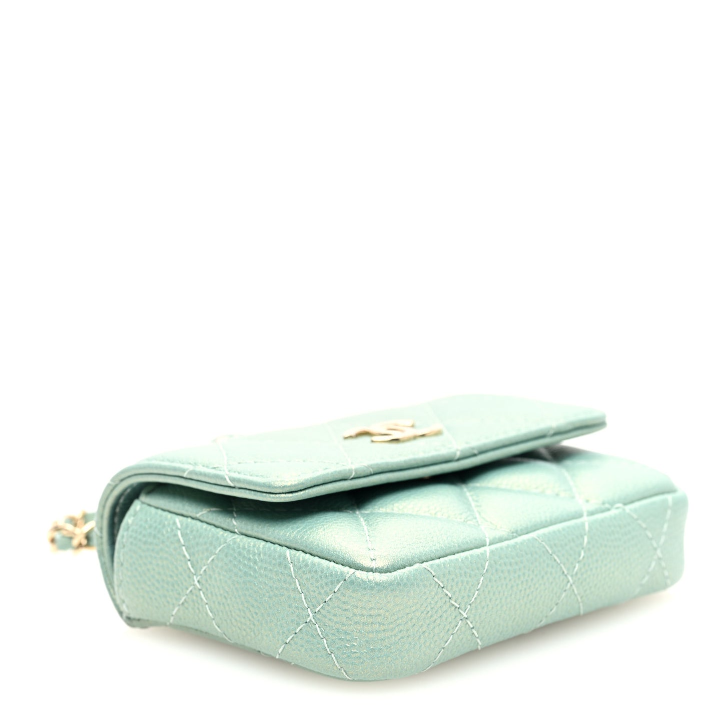 Iridescent Caviar Quilted Pearl On Top Coin Purse With Chain Light Green