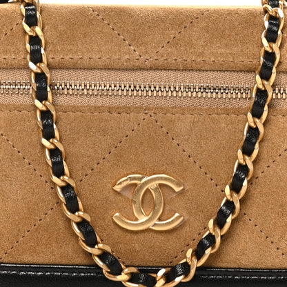 Chanel Suede Calfskin Shiny Lambskin Quilted Top Handle Slim Vanity Case With Chain Beige Black 8 of 11