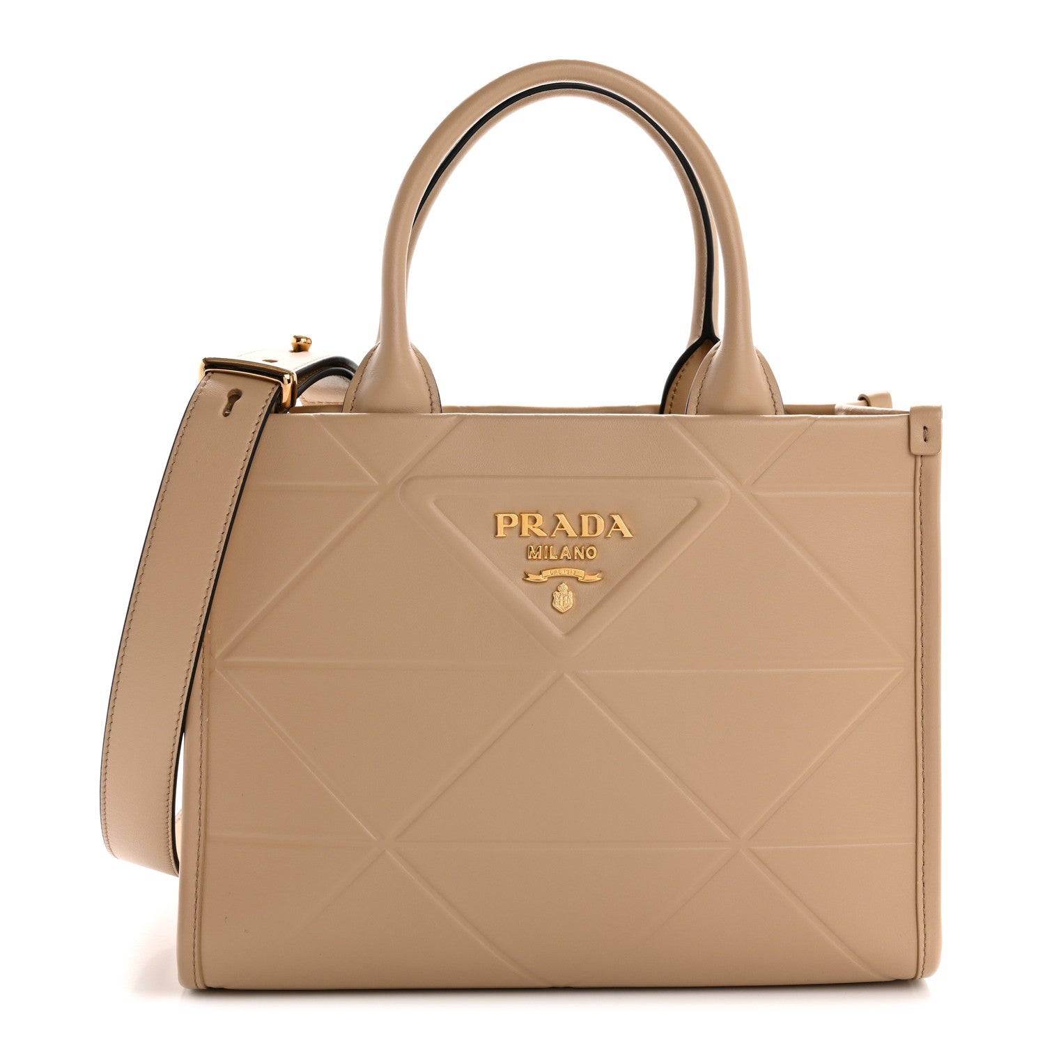 Prada Soft Calfskin Triangolo Symbole Embossed Mini Tote Sabbia 1 of 13