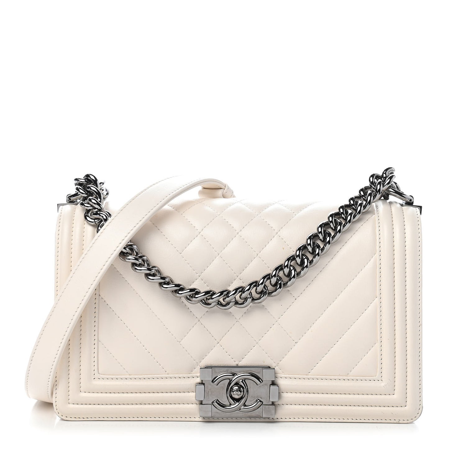 Lambskin Quilted Chevron Medium Boy Flap White