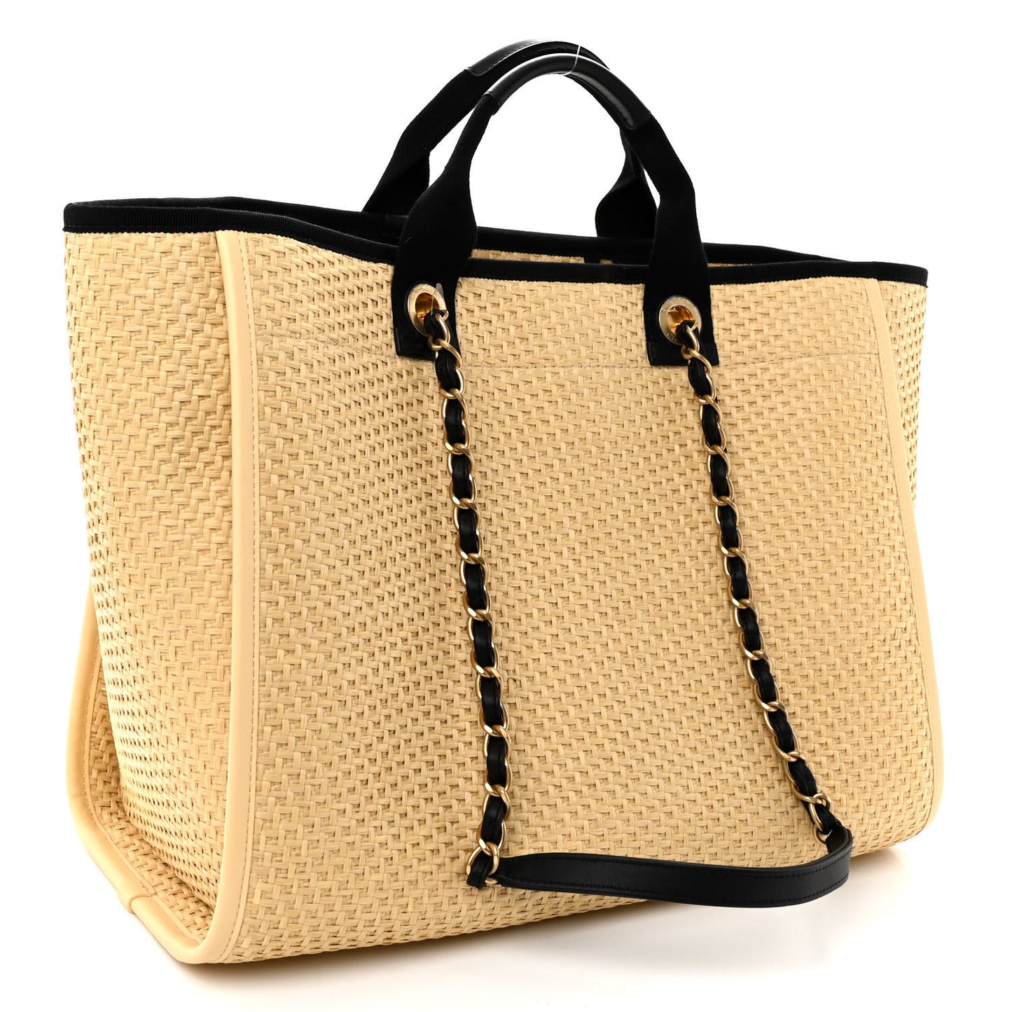 Straw Raffia Calfskin Chain Medium Deauville Tote Beige Black