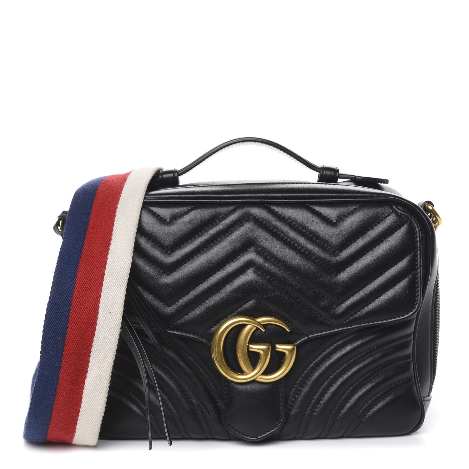 Gucci Calfskin Matelasse Sylvie Web Small GG Marmont Top Handle Shoulder Bag Black 1 of 22