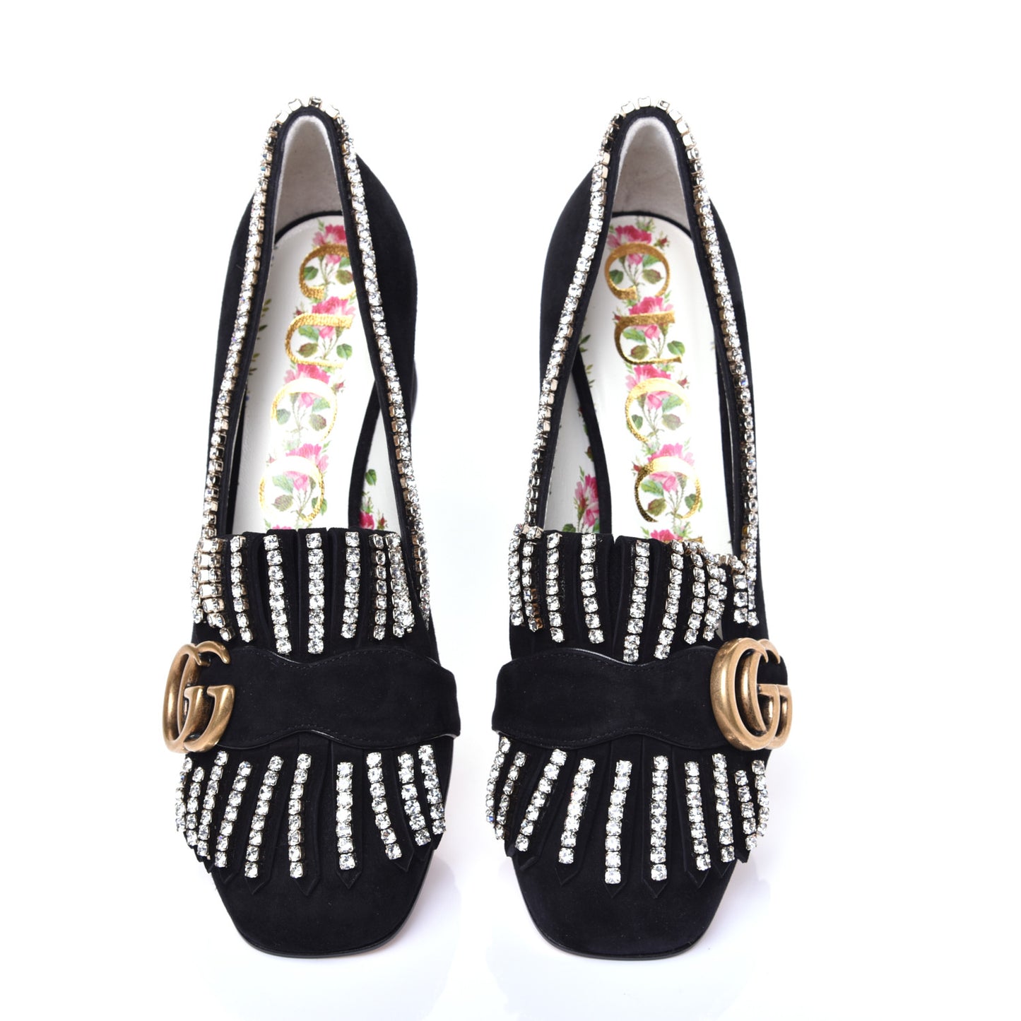 Kid Scamosciato Crystal GG Marmont Fringe 50mm Loafer Pumps 35 Black