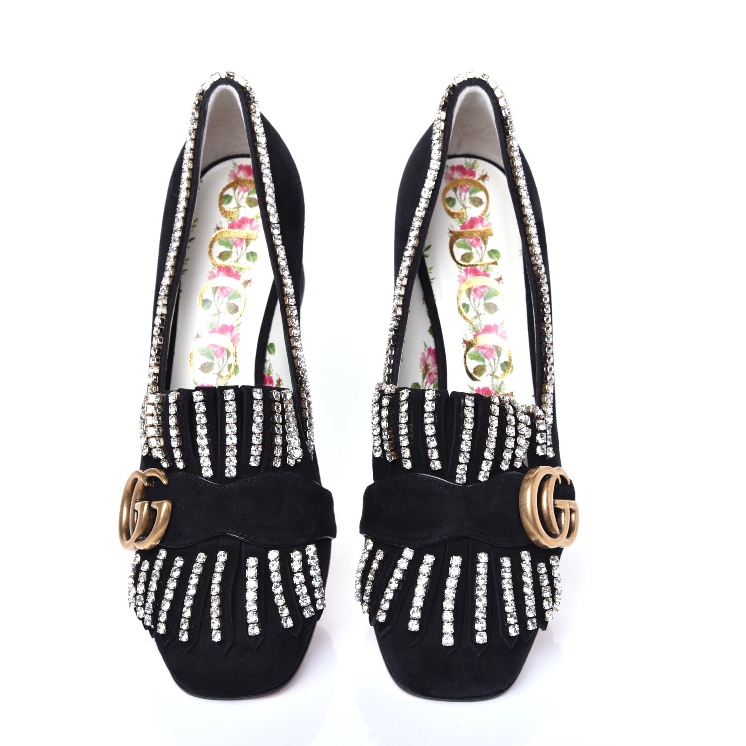 Gucci Kid Scamosciato Crystal GG Marmont Fringe 50mm Loafer Pumps 35 Black 5 of 9