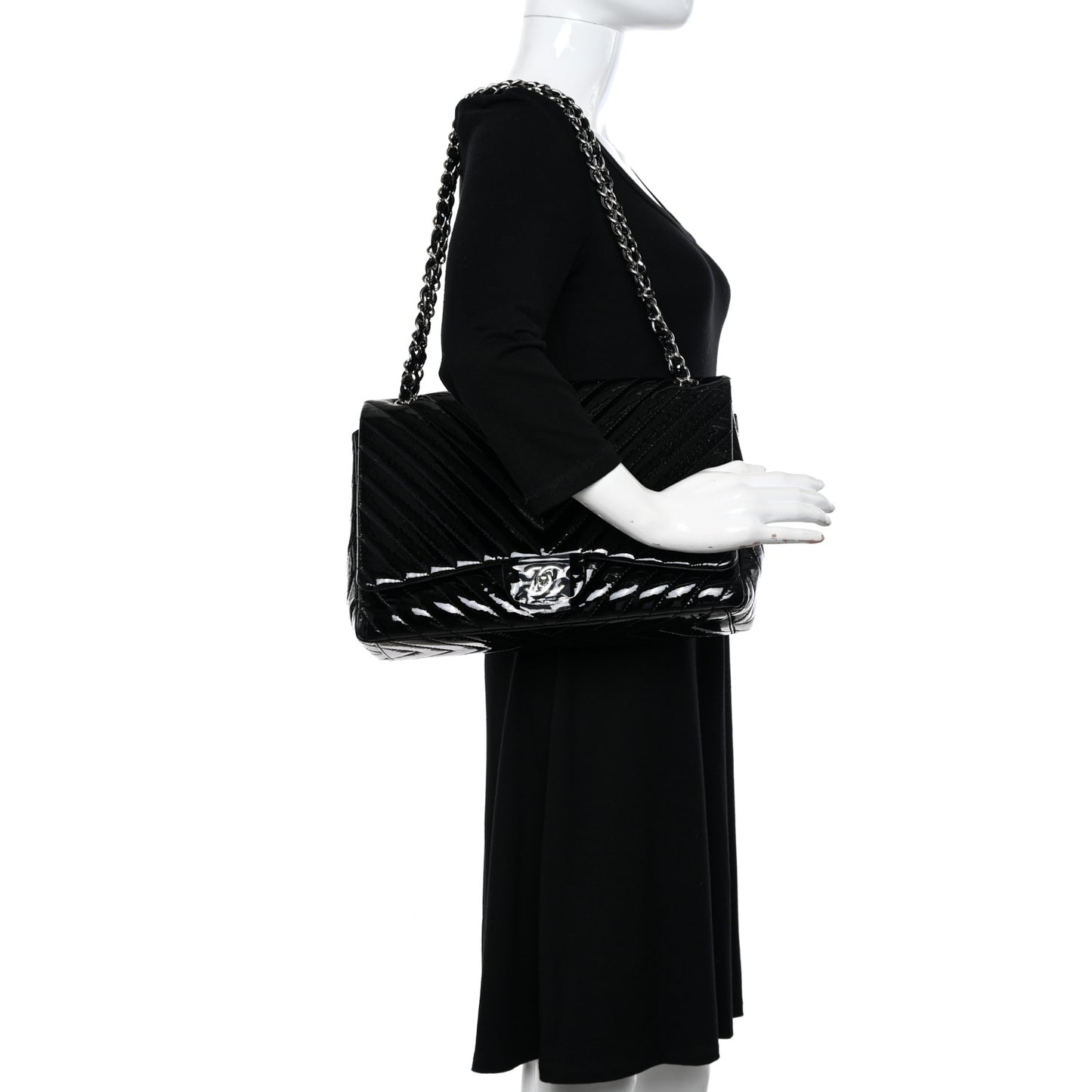 Patent Chevron Quilted Maxi Single Flap Black