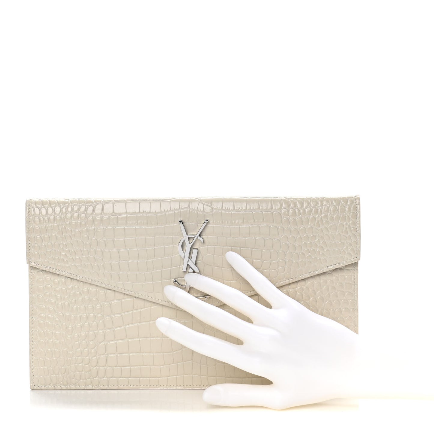 Calfskin Crocodile Embossed Uptown Monogram Pouch Crema Soft