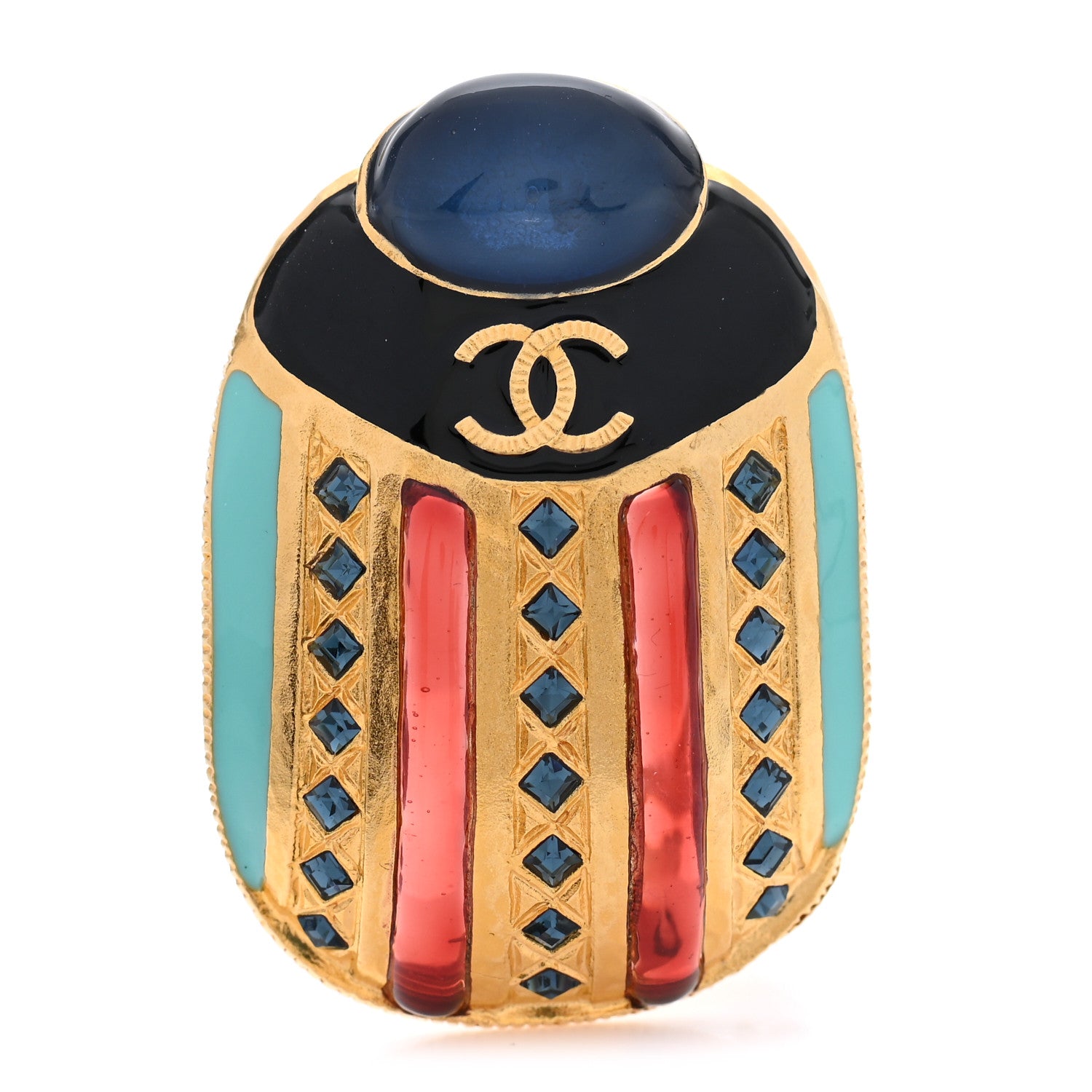 Chanel Metal Resin Scarab Brooch Golden Black Red Blue 1 of 5