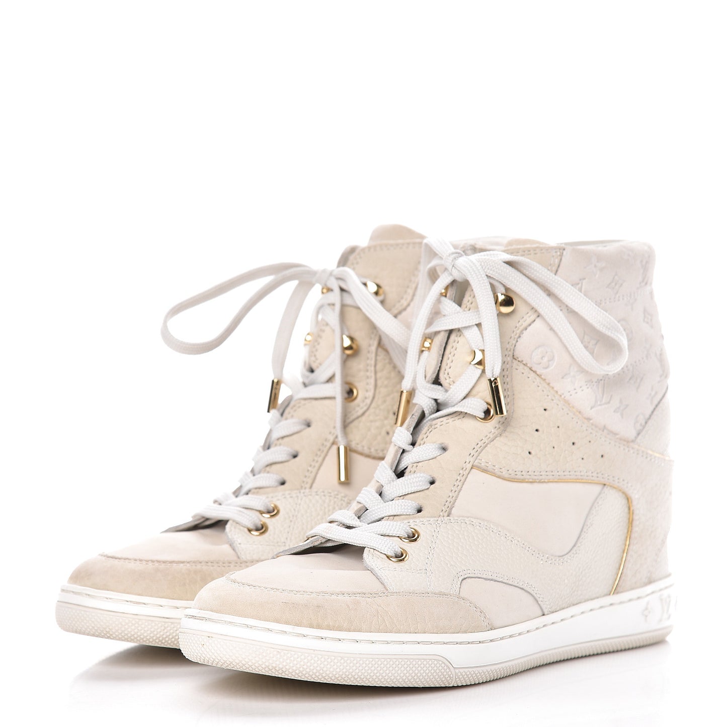 Calfskin Suede Monogram Cliff Top Wedge Sneakers 38 Ivory