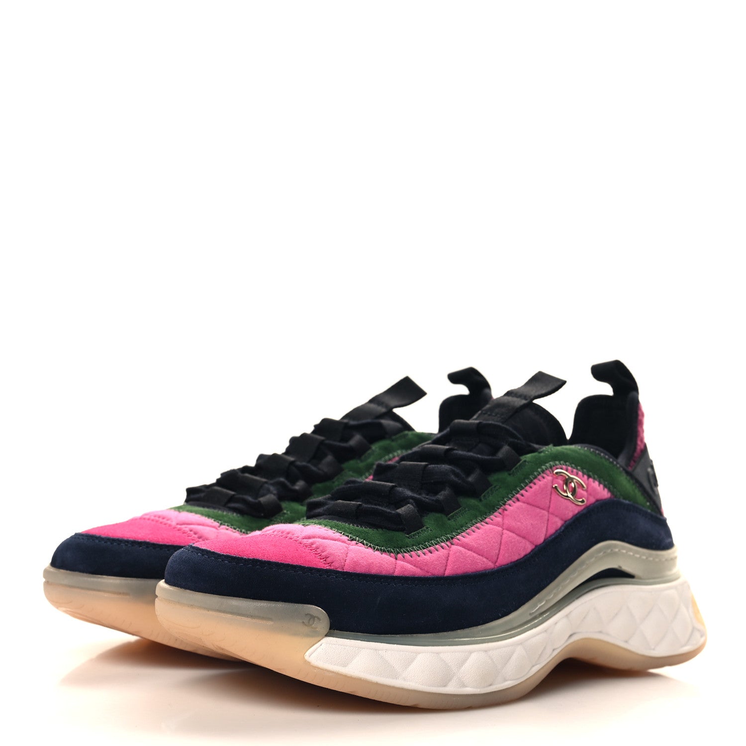 Chanel Velvet Calfskin Mixed Fibers CC Sneakers 41 Dark Pink Green 4 of 9