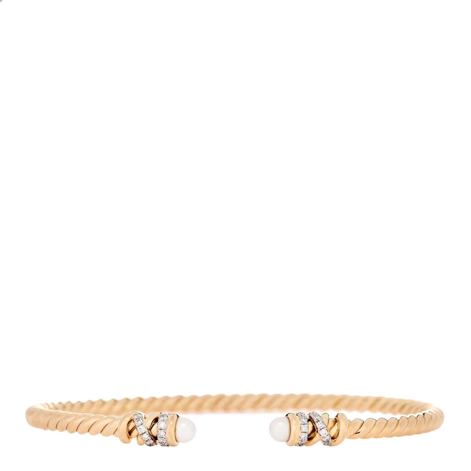 David Yurman 18K Yellow Gold Diamond Pearl 3mm Helena Cuff Bracelet 1 of 3