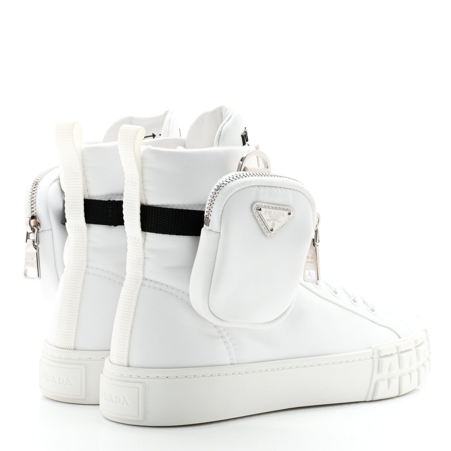 Prada Re-Nylon Gabardine Metal Triangle Logo Wheel Pouch Pocket High Top Sneakers 38 White 4 of 10