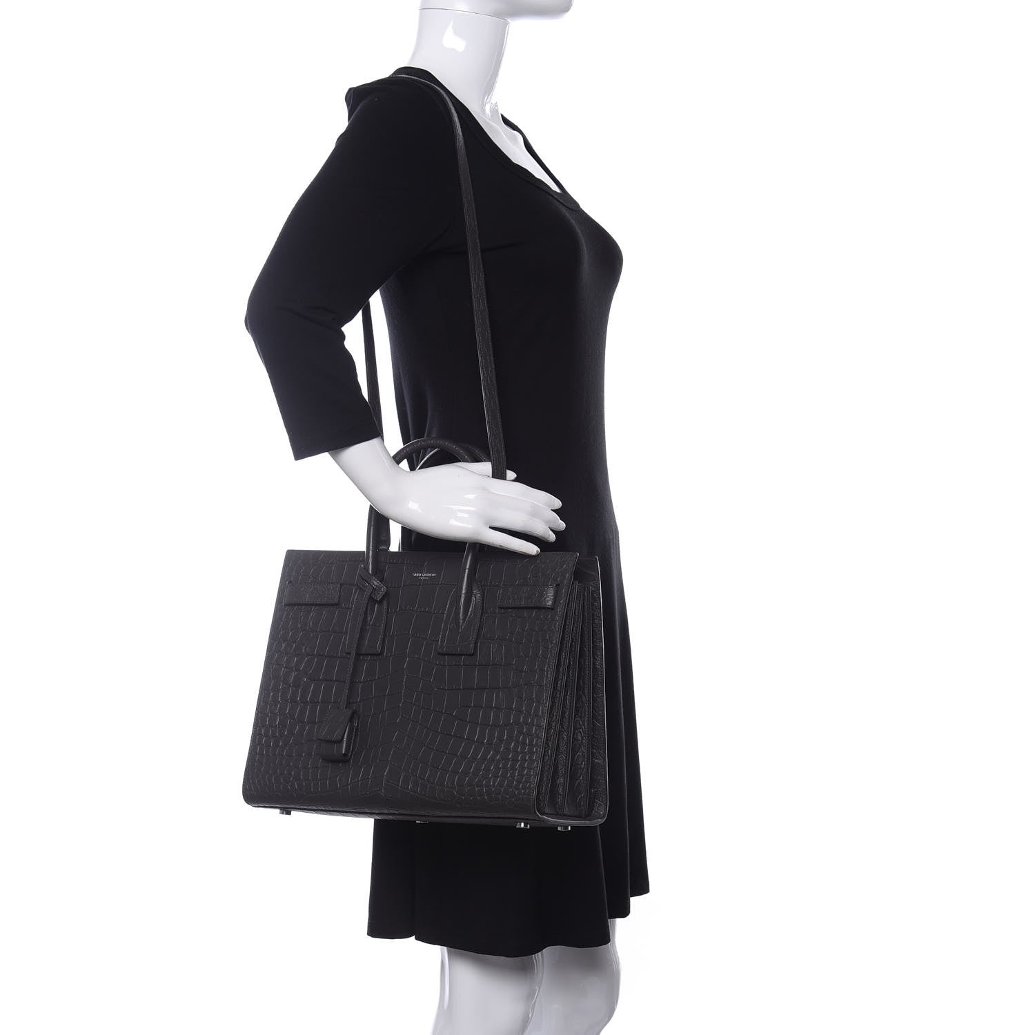 Saint Laurent Calfskin Crocodile Embossed Small Sac De Jour Dark Brown 2 of 10