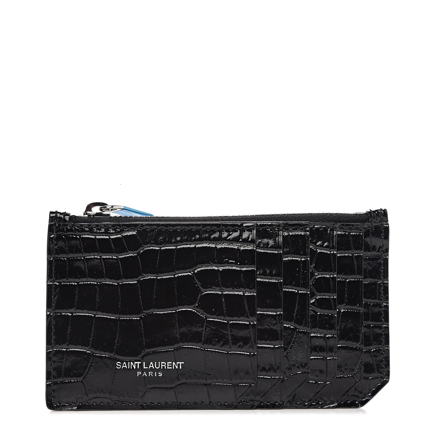 Calfskin Crocodile Embossed 5 Fragments Zip Card Holder Black
