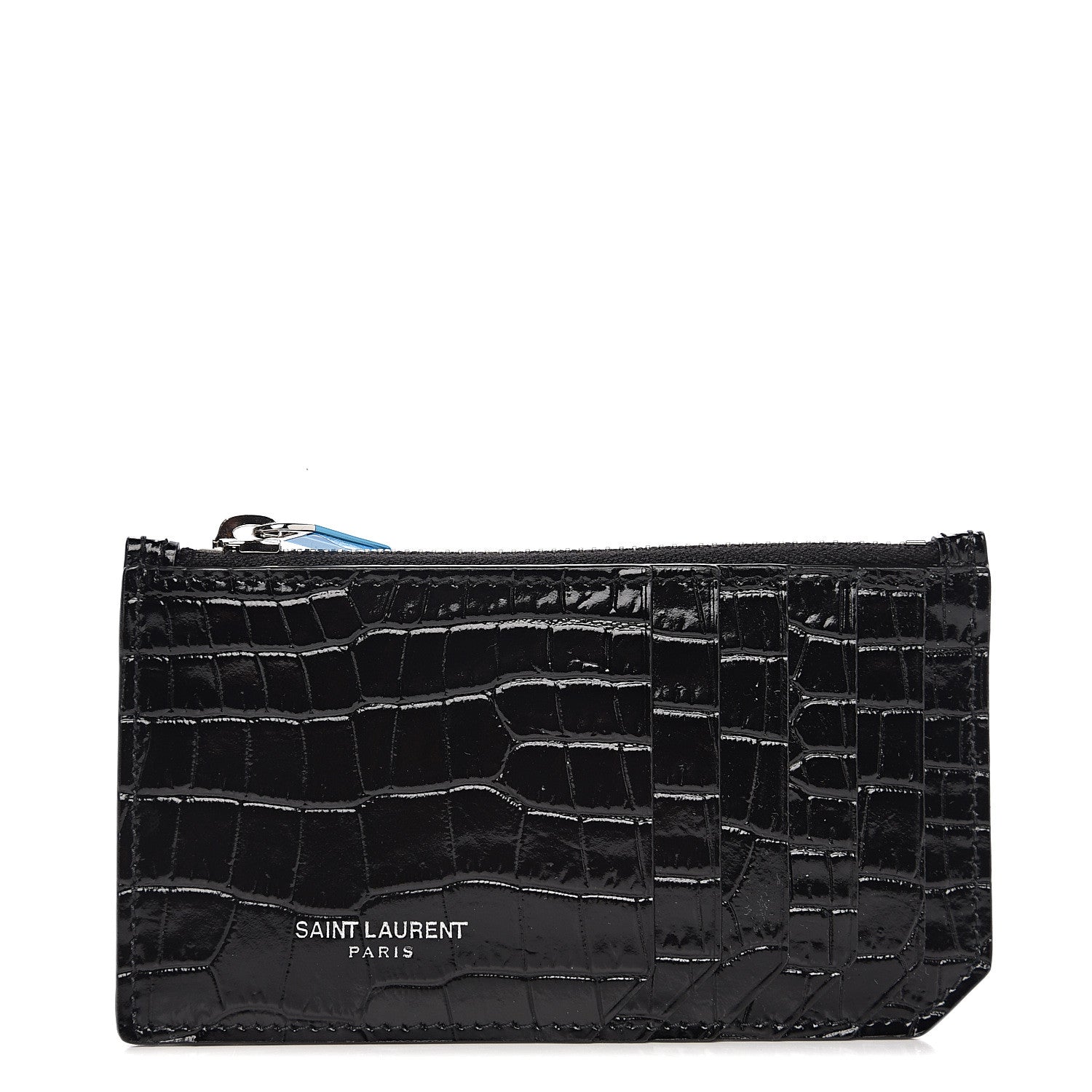 Saint Laurent Calfskin Crocodile Embossed 5 Fragments Zip Card Holder Black 1 of 6