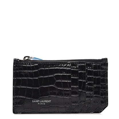 Saint Laurent Calfskin Crocodile Embossed 5 Fragments Zip Card Holder Black 1 of 6