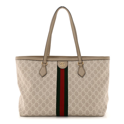 Gucci GG Supreme Monogram Textured Dollar Calfskin Web Medium Ophidia Shopping Tote Beige Mystic White Oatmeal 1 of 10